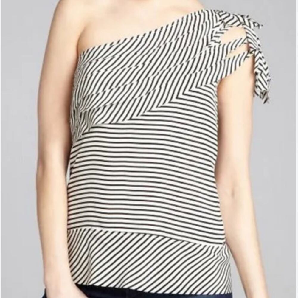 BCBGMaxazria Silk Black White Striped One-Shoulder Layered Blouse Size L Classic